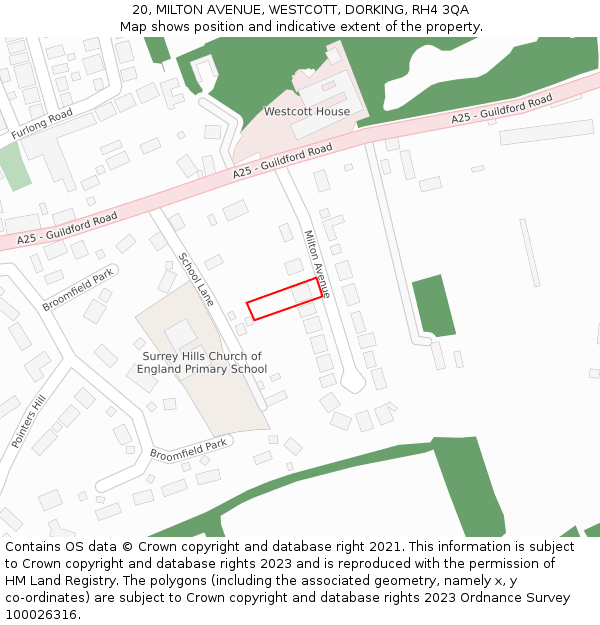 20, MILTON AVENUE, WESTCOTT, DORKING, RH4 3QA: Location map and indicative extent of plot