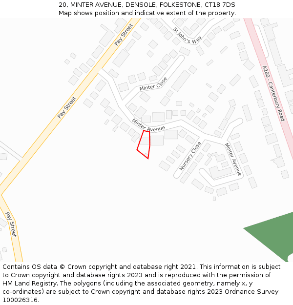 20, MINTER AVENUE, DENSOLE, FOLKESTONE, CT18 7DS: Location map and indicative extent of plot