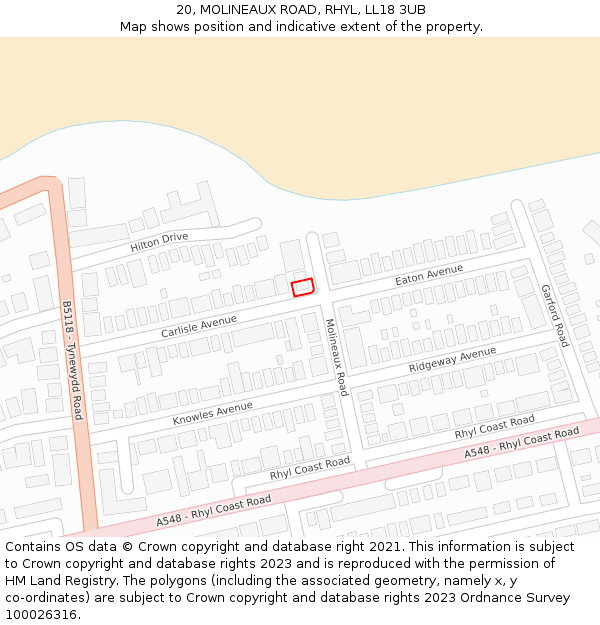 20, MOLINEAUX ROAD, RHYL, LL18 3UB: Location map and indicative extent of plot