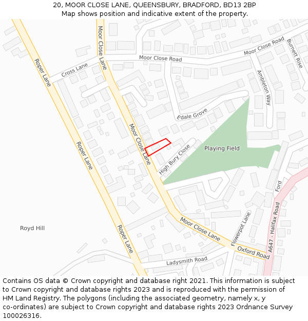 20, MOOR CLOSE LANE, QUEENSBURY, BRADFORD, BD13 2BP: Location map and indicative extent of plot