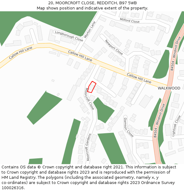 20, MOORCROFT CLOSE, REDDITCH, B97 5WB: Location map and indicative extent of plot