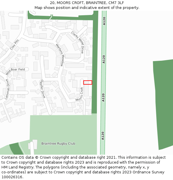 20, MOORS CROFT, BRAINTREE, CM7 3LF: Location map and indicative extent of plot