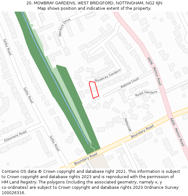 20, MOWBRAY GARDENS, WEST BRIDGFORD, NOTTINGHAM, NG2 6JN: Location map and indicative extent of plot