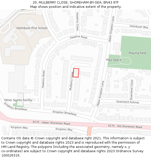 20, MULBERRY CLOSE, SHOREHAM-BY-SEA, BN43 6TF: Location map and indicative extent of plot