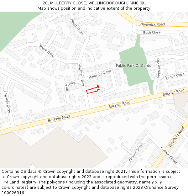 20, MULBERRY CLOSE, WELLINGBOROUGH, NN8 3JU: Location map and indicative extent of plot