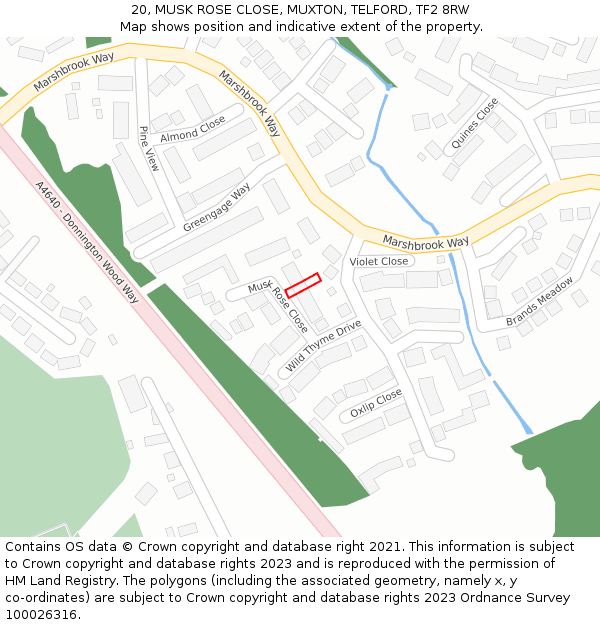 20, MUSK ROSE CLOSE, MUXTON, TELFORD, TF2 8RW: Location map and indicative extent of plot