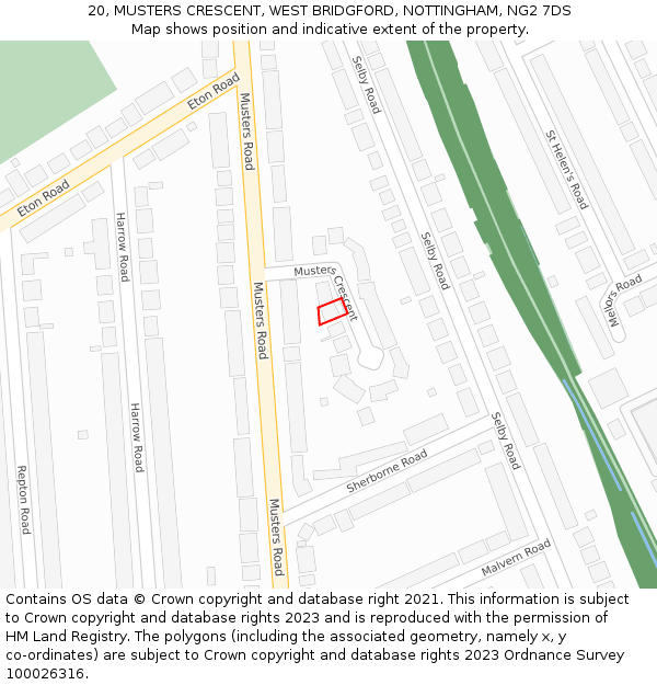 20, MUSTERS CRESCENT, WEST BRIDGFORD, NOTTINGHAM, NG2 7DS: Location map and indicative extent of plot