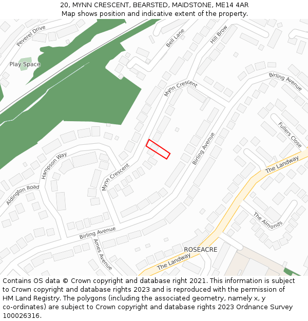 20, MYNN CRESCENT, BEARSTED, MAIDSTONE, ME14 4AR: Location map and indicative extent of plot