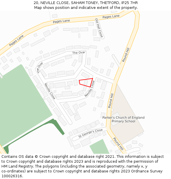 20, NEVILLE CLOSE, SAHAM TONEY, THETFORD, IP25 7HR: Location map and indicative extent of plot