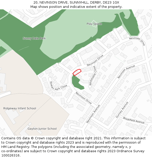 20, NEVINSON DRIVE, SUNNYHILL, DERBY, DE23 1GX: Location map and indicative extent of plot