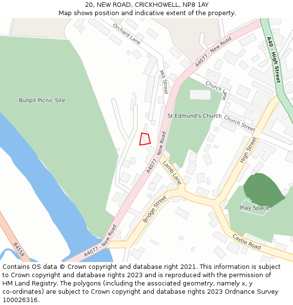 20, NEW ROAD, CRICKHOWELL, NP8 1AY: Location map and indicative extent of plot