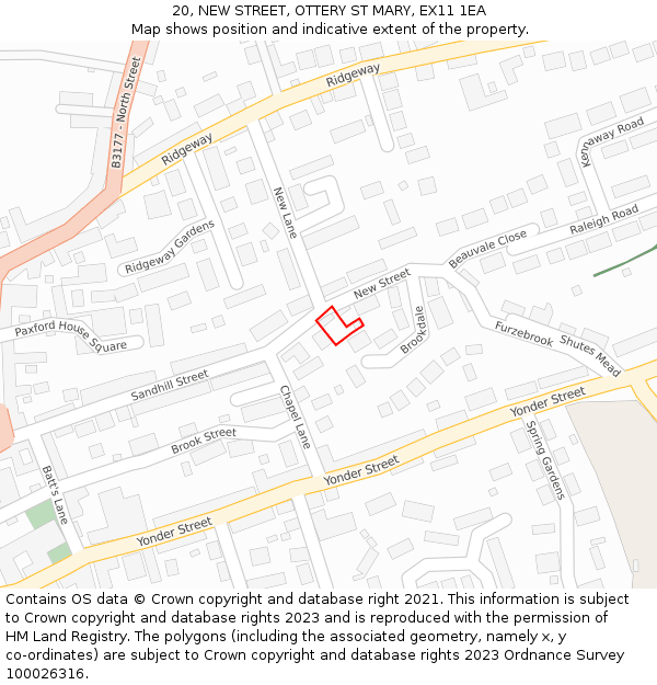 20, NEW STREET, OTTERY ST MARY, EX11 1EA: Location map and indicative extent of plot