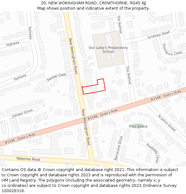 20, NEW WOKINGHAM ROAD, CROWTHORNE, RG45 6JJ: Location map and indicative extent of plot