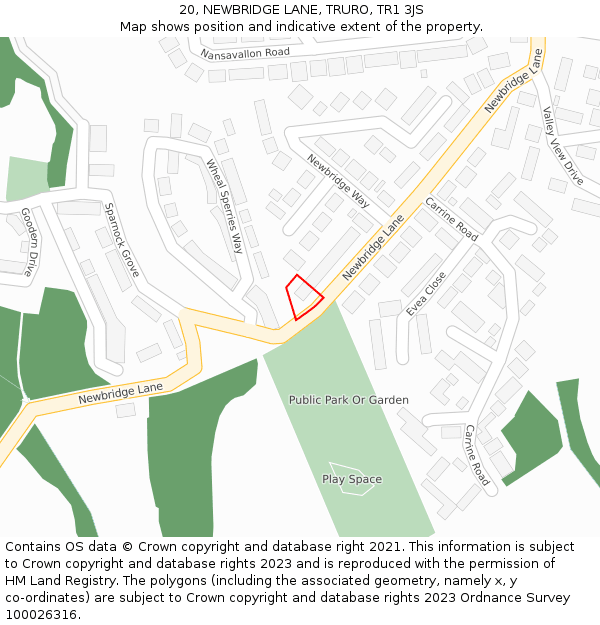 20, NEWBRIDGE LANE, TRURO, TR1 3JS: Location map and indicative extent of plot