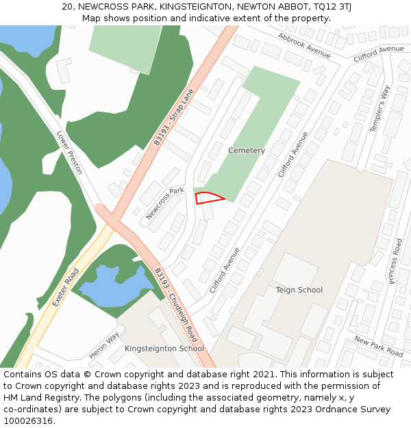 20, NEWCROSS PARK, KINGSTEIGNTON, NEWTON ABBOT, TQ12 3TJ: Location map and indicative extent of plot
