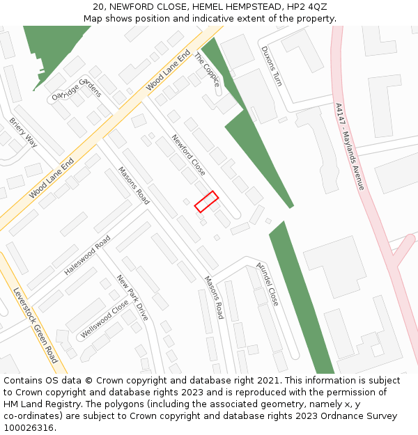 20, NEWFORD CLOSE, HEMEL HEMPSTEAD, HP2 4QZ: Location map and indicative extent of plot