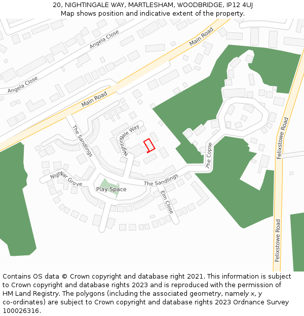 20, NIGHTINGALE WAY, MARTLESHAM, WOODBRIDGE, IP12 4UJ: Location map and indicative extent of plot