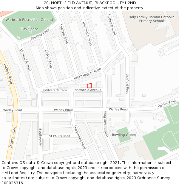 20, NORTHFIELD AVENUE, BLACKPOOL, FY1 2ND: Location map and indicative extent of plot