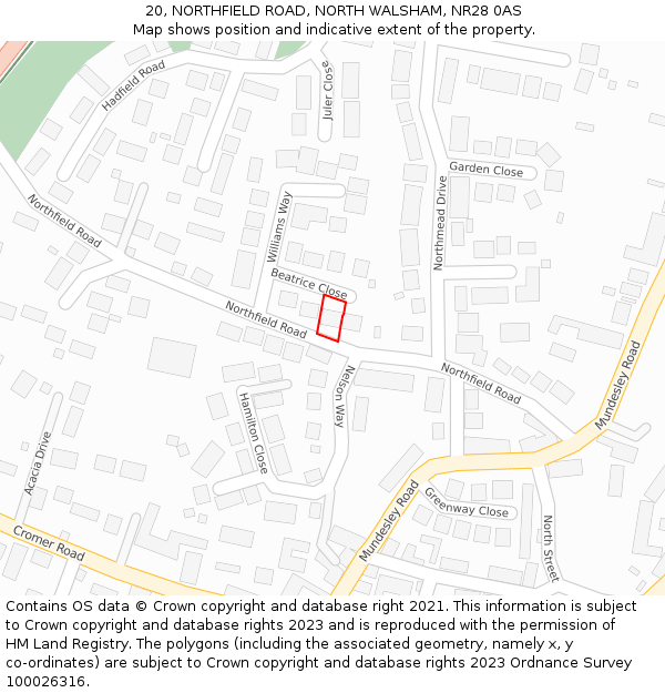 20, NORTHFIELD ROAD, NORTH WALSHAM, NR28 0AS: Location map and indicative extent of plot