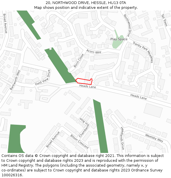 20, NORTHWOOD DRIVE, HESSLE, HU13 0TA: Location map and indicative extent of plot