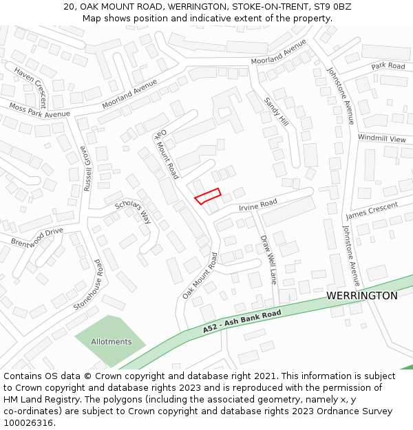 20, OAK MOUNT ROAD, WERRINGTON, STOKE-ON-TRENT, ST9 0BZ: Location map and indicative extent of plot