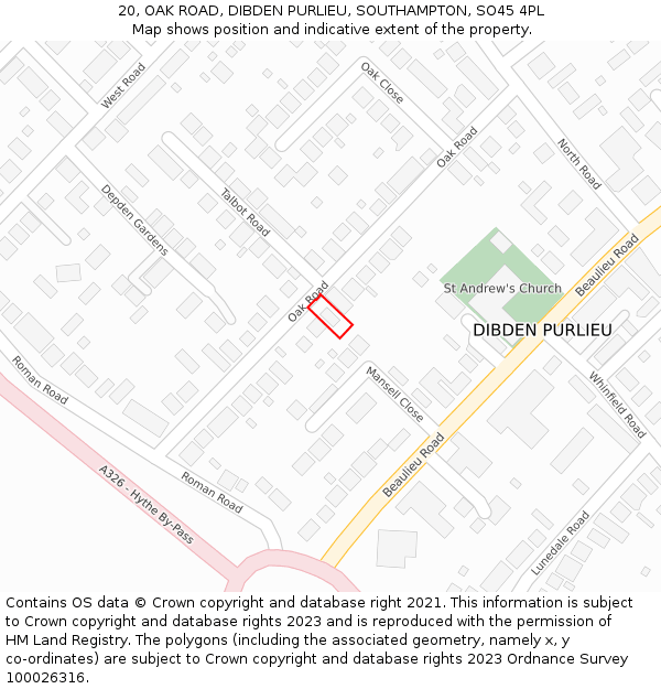 20, OAK ROAD, DIBDEN PURLIEU, SOUTHAMPTON, SO45 4PL: Location map and indicative extent of plot