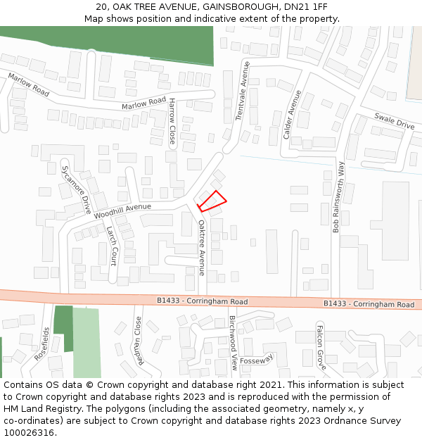 20, OAK TREE AVENUE, GAINSBOROUGH, DN21 1FF: Location map and indicative extent of plot