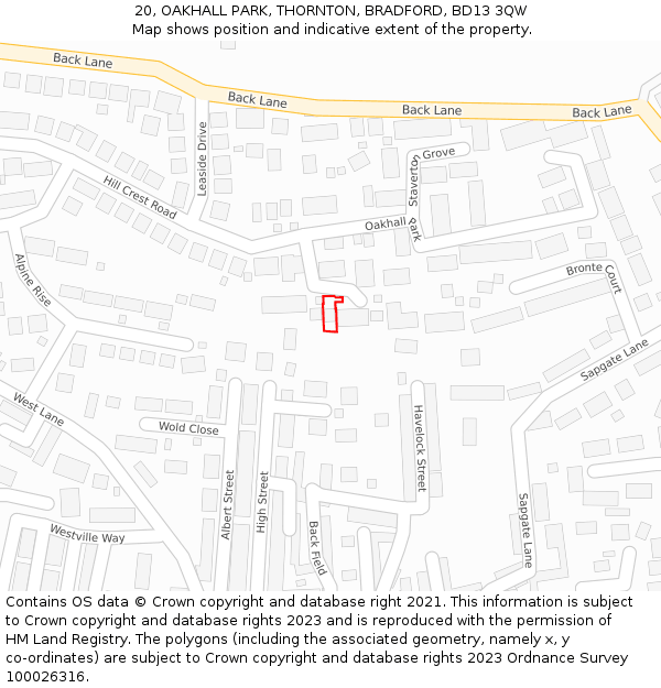 20, OAKHALL PARK, THORNTON, BRADFORD, BD13 3QW: Location map and indicative extent of plot