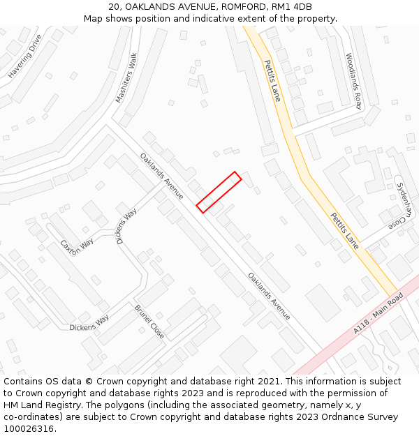 20, OAKLANDS AVENUE, ROMFORD, RM1 4DB: Location map and indicative extent of plot