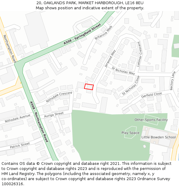 20, OAKLANDS PARK, MARKET HARBOROUGH, LE16 8EU: Location map and indicative extent of plot