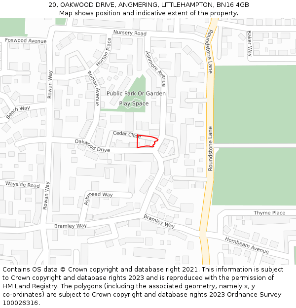 20, OAKWOOD DRIVE, ANGMERING, LITTLEHAMPTON, BN16 4GB: Location map and indicative extent of plot