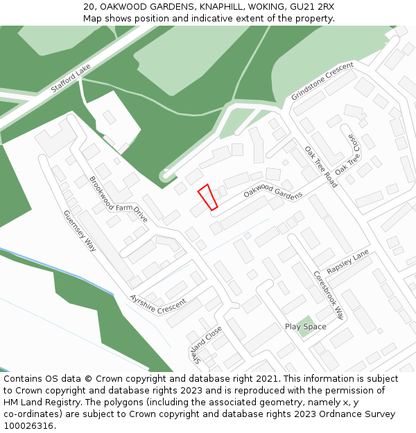 20, OAKWOOD GARDENS, KNAPHILL, WOKING, GU21 2RX: Location map and indicative extent of plot