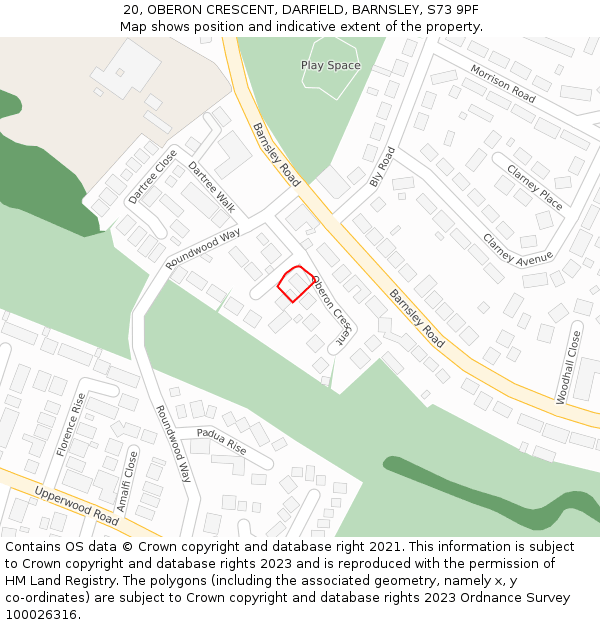 20, OBERON CRESCENT, DARFIELD, BARNSLEY, S73 9PF: Location map and indicative extent of plot