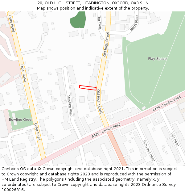 20, OLD HIGH STREET, HEADINGTON, OXFORD, OX3 9HN: Location map and indicative extent of plot