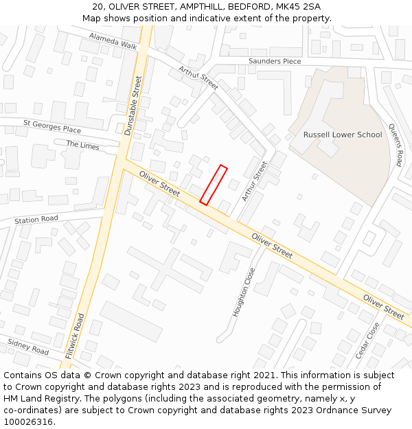 20, OLIVER STREET, AMPTHILL, BEDFORD, MK45 2SA: Location map and indicative extent of plot