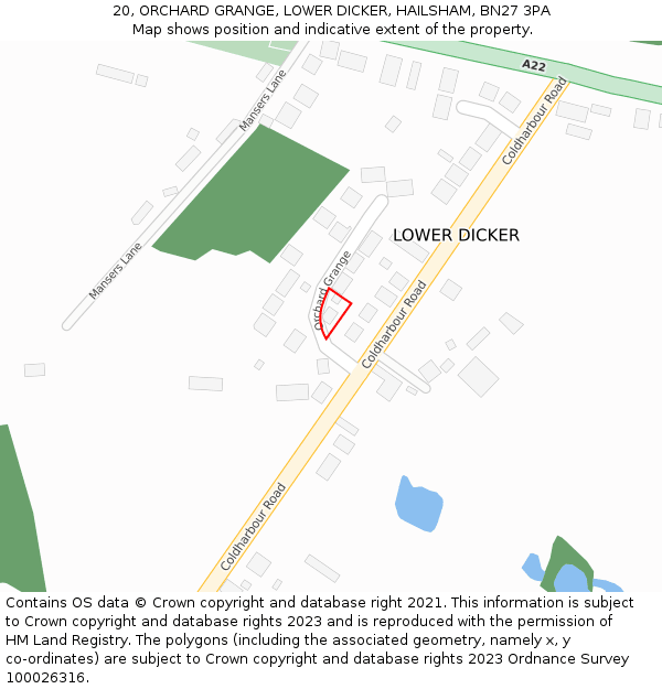 20, ORCHARD GRANGE, LOWER DICKER, HAILSHAM, BN27 3PA: Location map and indicative extent of plot