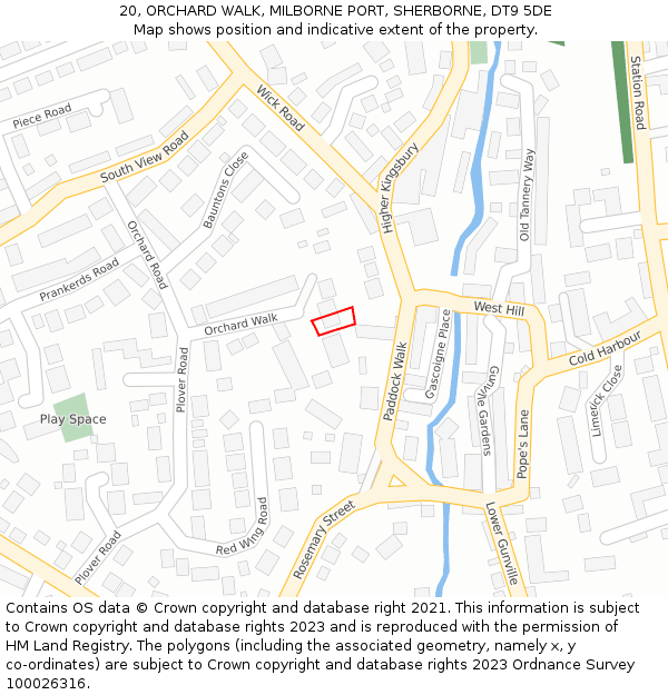 20, ORCHARD WALK, MILBORNE PORT, SHERBORNE, DT9 5DE: Location map and indicative extent of plot