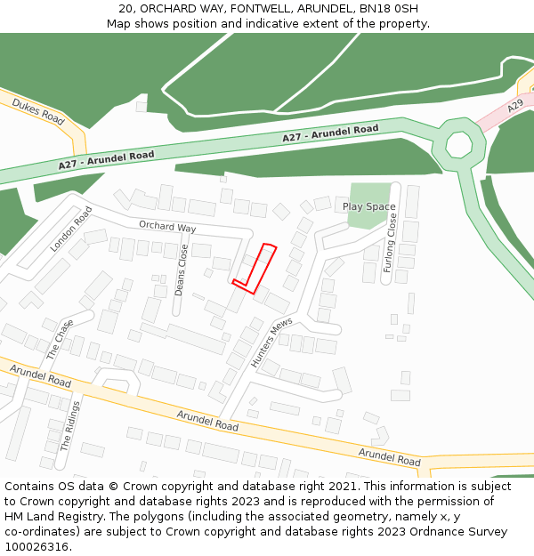20, ORCHARD WAY, FONTWELL, ARUNDEL, BN18 0SH: Location map and indicative extent of plot