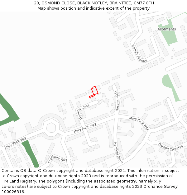 20, OSMOND CLOSE, BLACK NOTLEY, BRAINTREE, CM77 8FH: Location map and indicative extent of plot