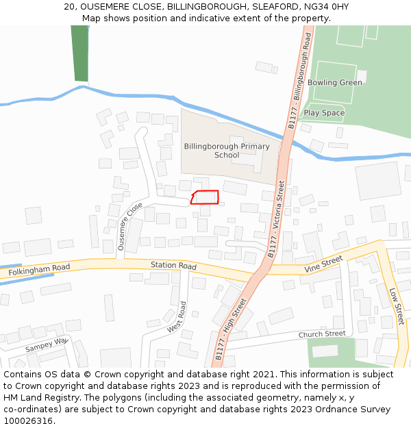 20, OUSEMERE CLOSE, BILLINGBOROUGH, SLEAFORD, NG34 0HY: Location map and indicative extent of plot