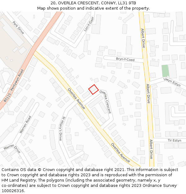 20, OVERLEA CRESCENT, CONWY, LL31 9TB: Location map and indicative extent of plot