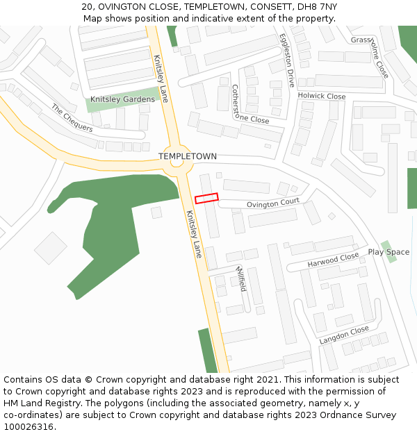 20, OVINGTON CLOSE, TEMPLETOWN, CONSETT, DH8 7NY: Location map and indicative extent of plot