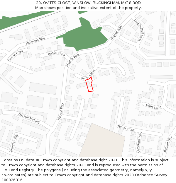 20, OVITTS CLOSE, WINSLOW, BUCKINGHAM, MK18 3QD: Location map and indicative extent of plot