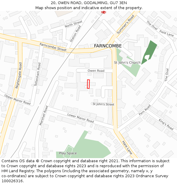 20, OWEN ROAD, GODALMING, GU7 3EN: Location map and indicative extent of plot