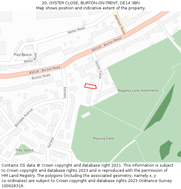 20, OYSTER CLOSE, BURTON-ON-TRENT, DE14 3BN: Location map and indicative extent of plot