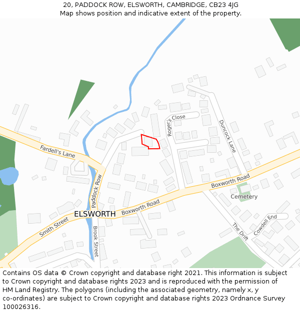 20, PADDOCK ROW, ELSWORTH, CAMBRIDGE, CB23 4JG: Location map and indicative extent of plot