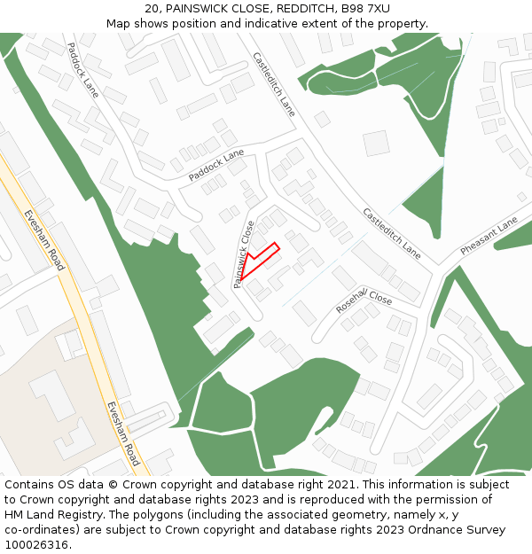 20, PAINSWICK CLOSE, REDDITCH, B98 7XU: Location map and indicative extent of plot