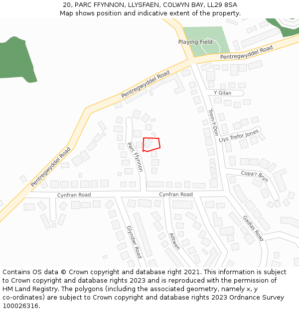 20, PARC FFYNNON, LLYSFAEN, COLWYN BAY, LL29 8SA: Location map and indicative extent of plot