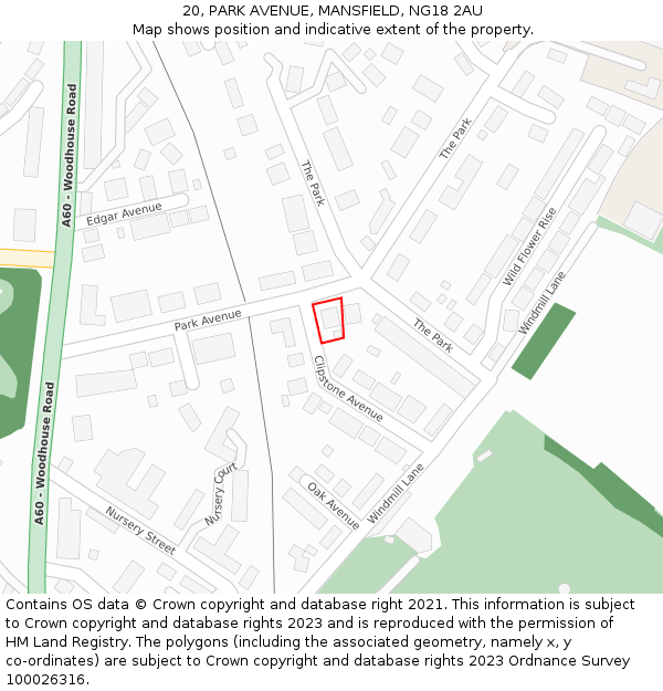 20, PARK AVENUE, MANSFIELD, NG18 2AU: Location map and indicative extent of plot
