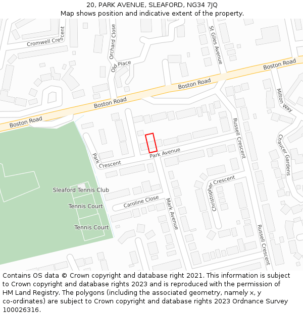 20, PARK AVENUE, SLEAFORD, NG34 7JQ: Location map and indicative extent of plot